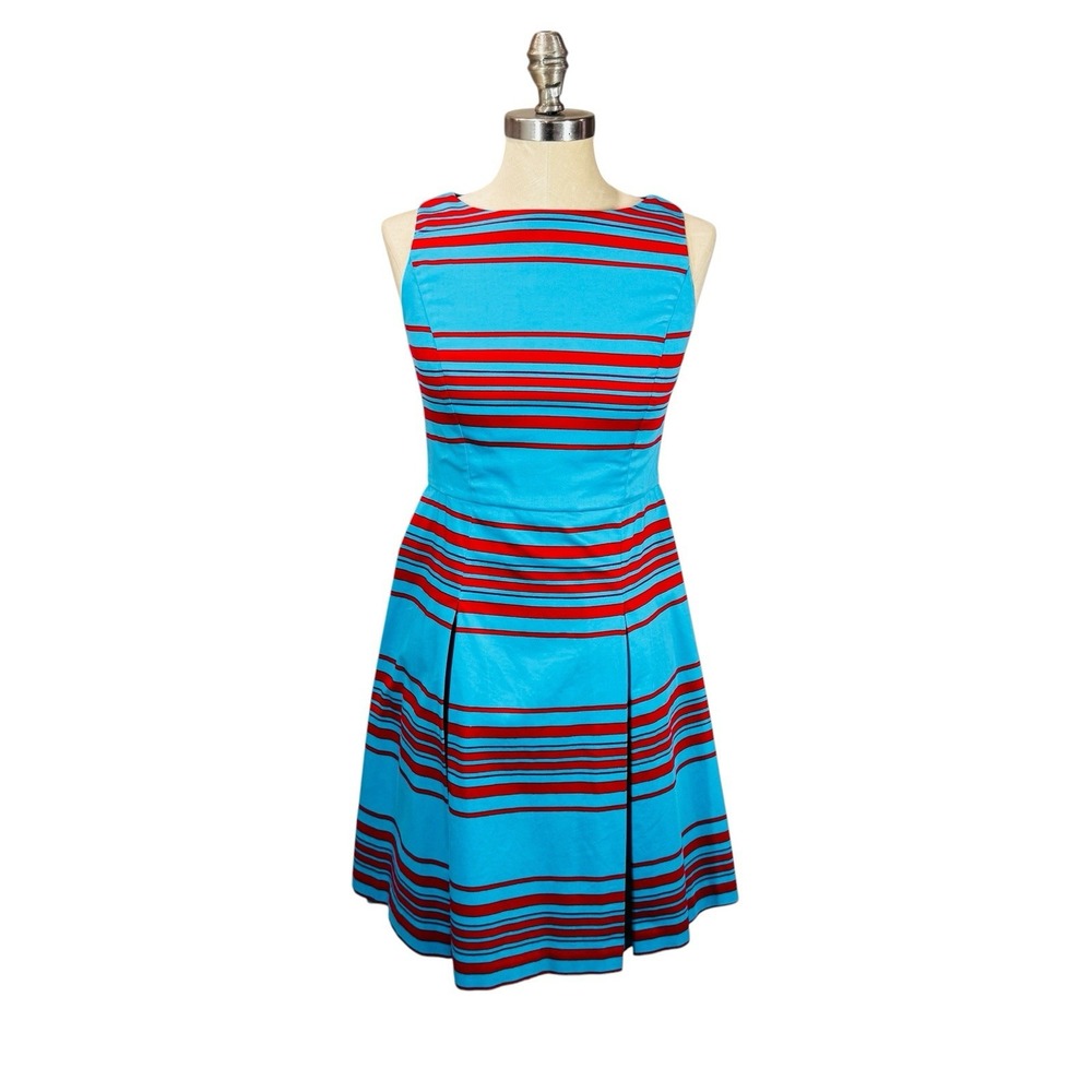 Talbots Dress Petite 6P Blue Red Stripe Fit Flare Cotton Sleeveless Lined‎